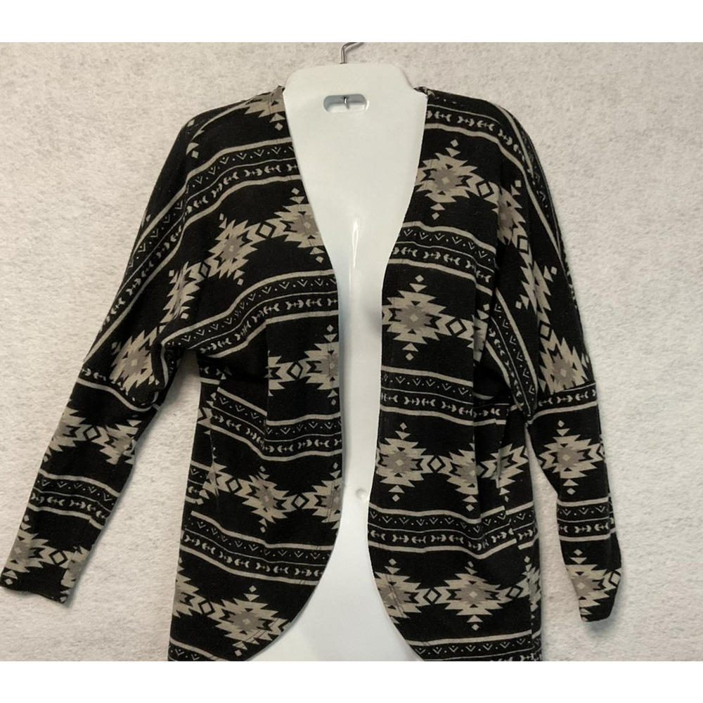 Southwestern Aztec Sweater Women Medium Black Beige Open Front Cardigan Knit USA